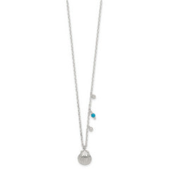 Sterling Silver Polished Beaded Turquoise and Grooved Seashell 16 inch with 2 inch Extension Necklace