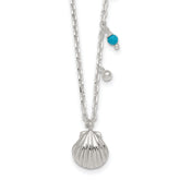 Sterling Silver Polished Beaded Turquoise and Grooved Seashell 16 inch with 2 inch Extension Necklace