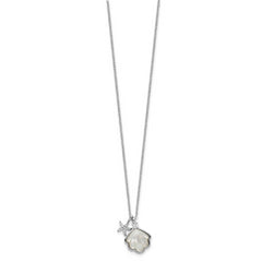 Sterling Silver Rhodium-plated Polished Mother of Pearl Shell and CZ Starfish 16 Inch with 2 Inch Extension Necklace