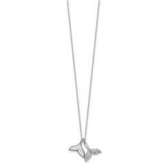 Sterling Silver Rhodium-plated Polished Mother of Pearl and CZ Whale Tails 16 Inch with 2 Inch Extension Necklace