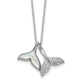 Sterling Silver Rhodium-plated Polished Mother of Pearl and CZ Whale Tails 16 Inch with 2 Inch Extension Necklace