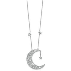 Sterling Silver Rhodium-plated Polished CZ Filigree Moon and Stars 18 Inch Necklace