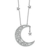 Sterling Silver Rhodium-plated Polished CZ Filigree Moon and Stars 18 Inch Necklace