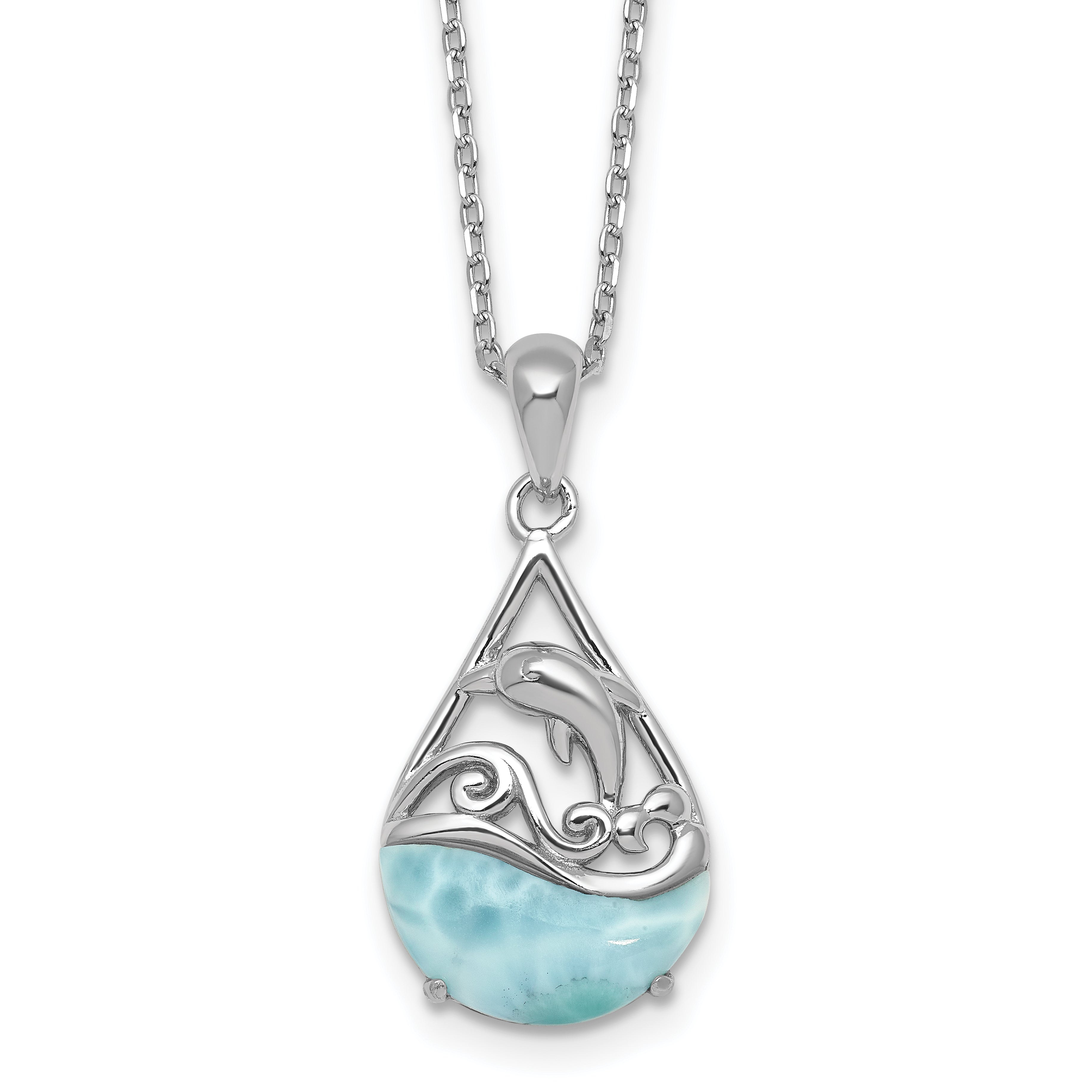 Sterling Silver Rhodium-plated Polished Larimar Dolphin Teardrop 16 Inch with 2 Inch Extension Necklace