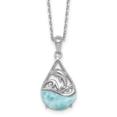 Sterling Silver Rhodium-plated Polished Larimar Dolphin Teardrop 16 Inch with 2 Inch Extension Necklace