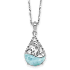 Sterling Silver Rhodium-plated Polished Larimar Dolphin Teardrop 16 Inch with 2 Inch Extension Necklace