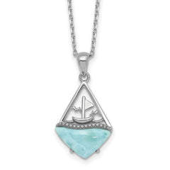 Sterling Silver Rhodium-plated Polished and Beaded Larimar Sailboat 16 Inch with 2 Inch Extension Necklace