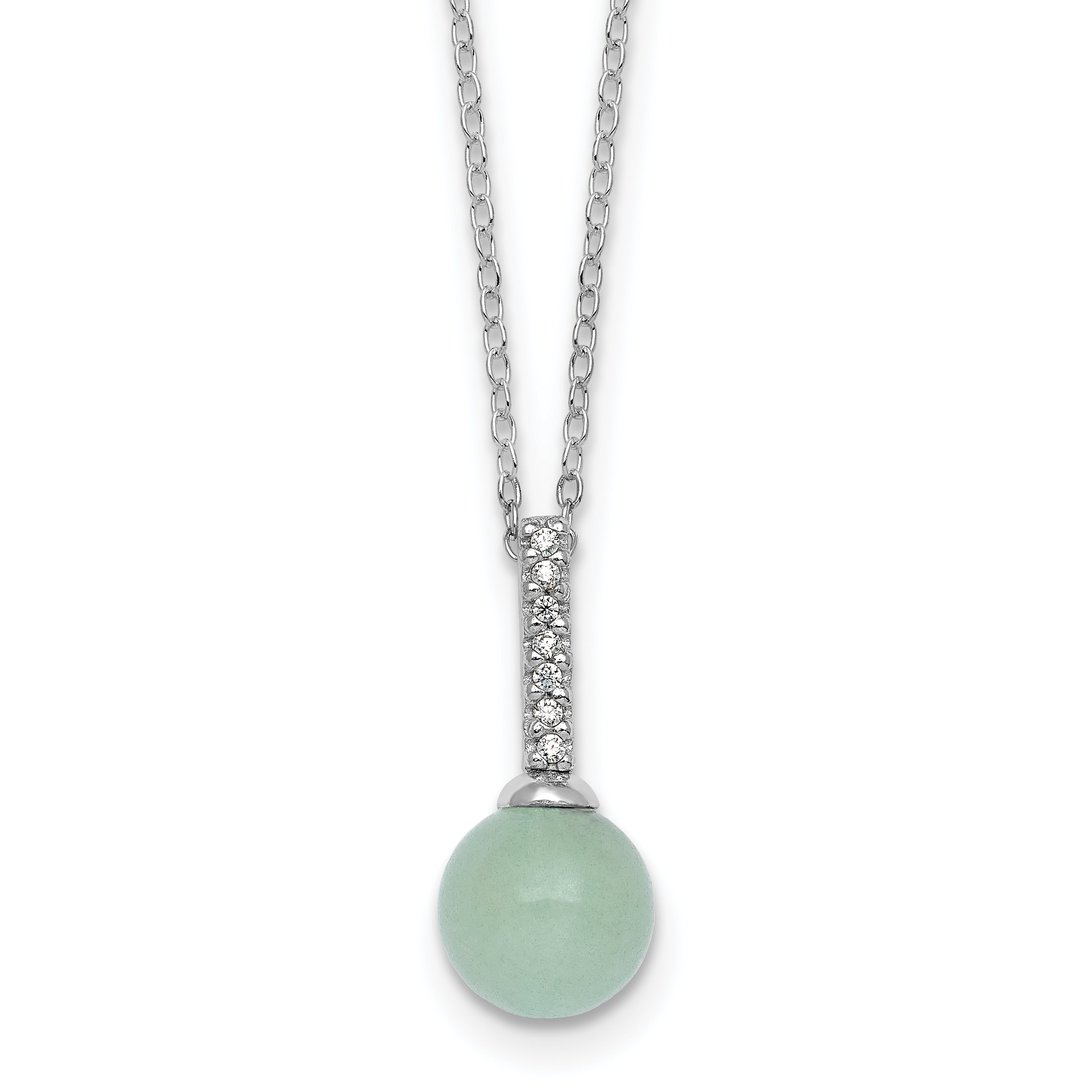 Sterling Silver Rhodium-plated Aventurine and CZ 16 inch with 2 inch Extender Necklace