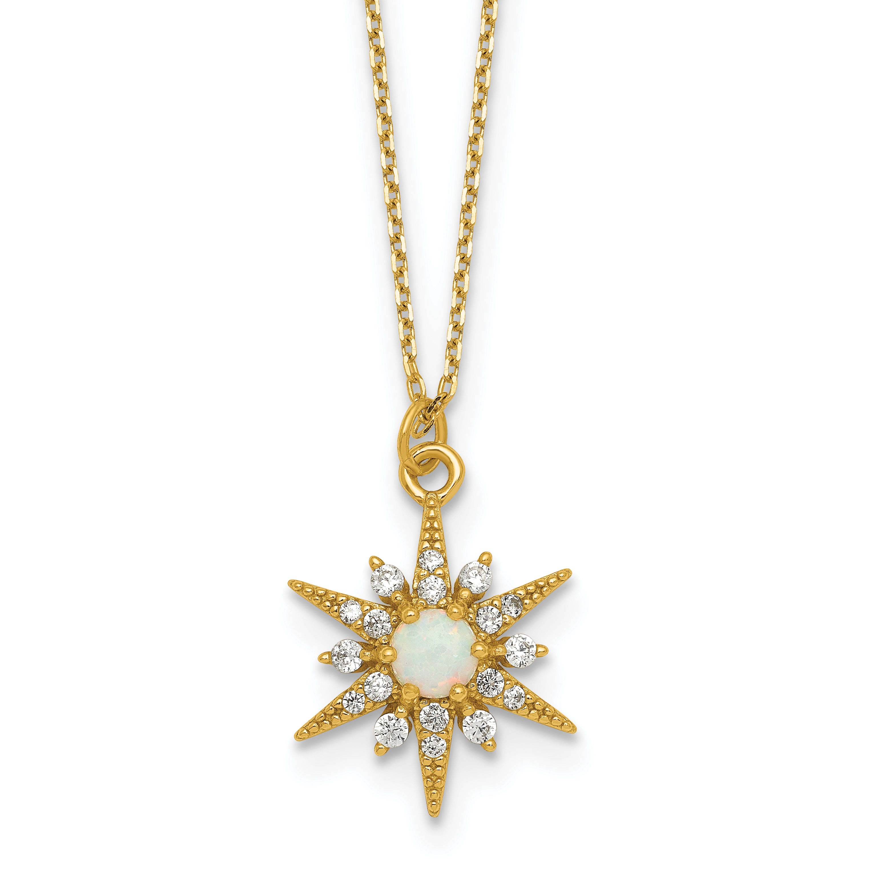 Sterling Silver Gold-Tone Polished Lab Created Opal and CZ Starburst 16 Inch with 2 Inch Extension Necklace