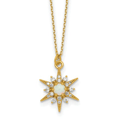 Sterling Silver Gold-Tone Polished Lab Created Opal and CZ Starburst 16 Inch with 2 Inch Extension Necklace