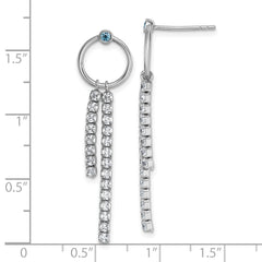 Sterling Silver Rhodium-plated Blue and White CZ Circle with 2 Drops Dangle Post Earrings