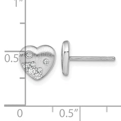 Sterling Silver Rhodium-plated Brushed CZ Heart Post Earrings