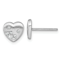 Sterling Silver Rhodium-plated Brushed CZ Heart Post Earrings