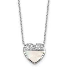 Sterling Silver Rhodium-plated Polished Mother of Pearl and CZ Heart 16 inch with 2 inch Extender Necklace