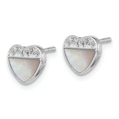Sterling Silver Rhodium-plated Polished Mother of Pearl and CZ Heart Post Earrings