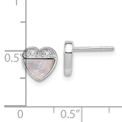 Sterling Silver Rhodium-plated Polished Mother of Pearl and CZ Heart Post Earrings
