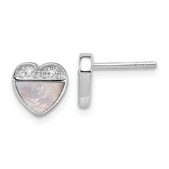 Sterling Silver Rhodium-plated Polished Mother of Pearl and CZ Heart Post Earrings