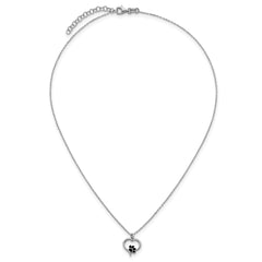 Sterling Silver Rhodium-plated Heart with Black Enameled Paw Print 16 inch with 1.5 inch Extension Necklace