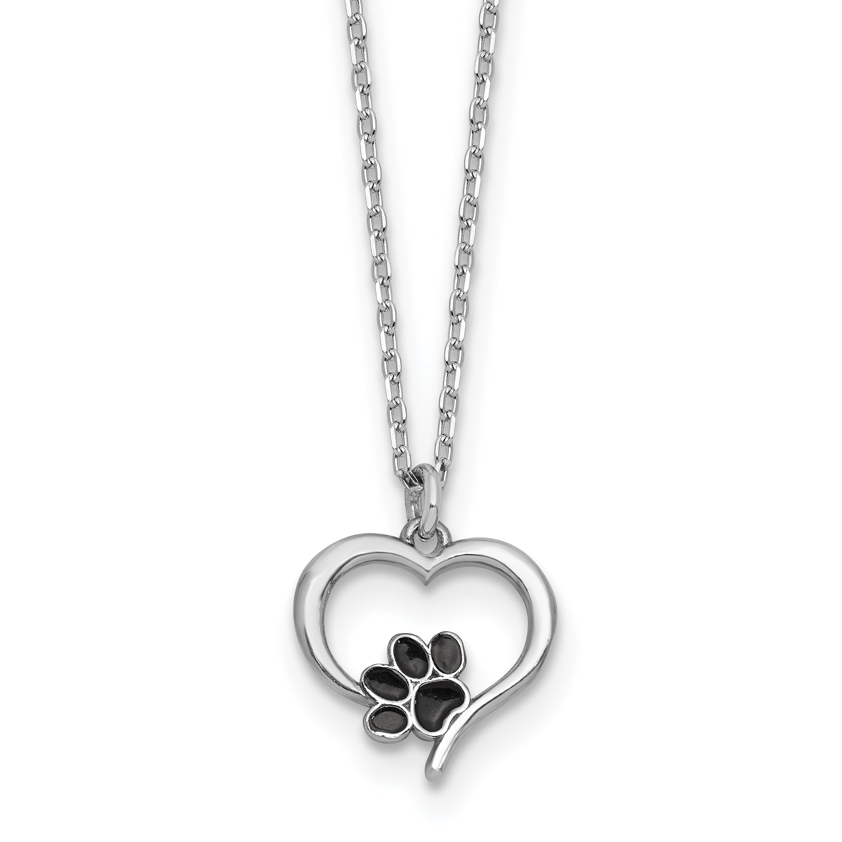 Sterling Silver Rhodium-plated Heart with Black Enameled Paw Print 16 inch with 1.5 inch Extension Necklace