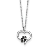 Sterling Silver Rhodium-plated Heart with Black Enameled Paw Print 16 inch with 1.5 inch Extension Necklace