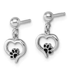 Sterling Silver Rhodium-plated Heart with Black Enameled Paw Print Post Dangle Earrings
