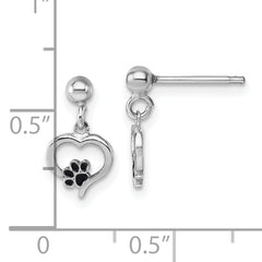 Sterling Silver Rhodium-plated Heart with Black Enameled Paw Print Post Dangle Earrings