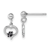 Sterling Silver Rhodium-plated Heart with Black Enameled Paw Print Post Dangle Earrings