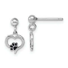Sterling Silver Rhodium-plated Heart with Black Enameled Paw Print Post Dangle Earrings