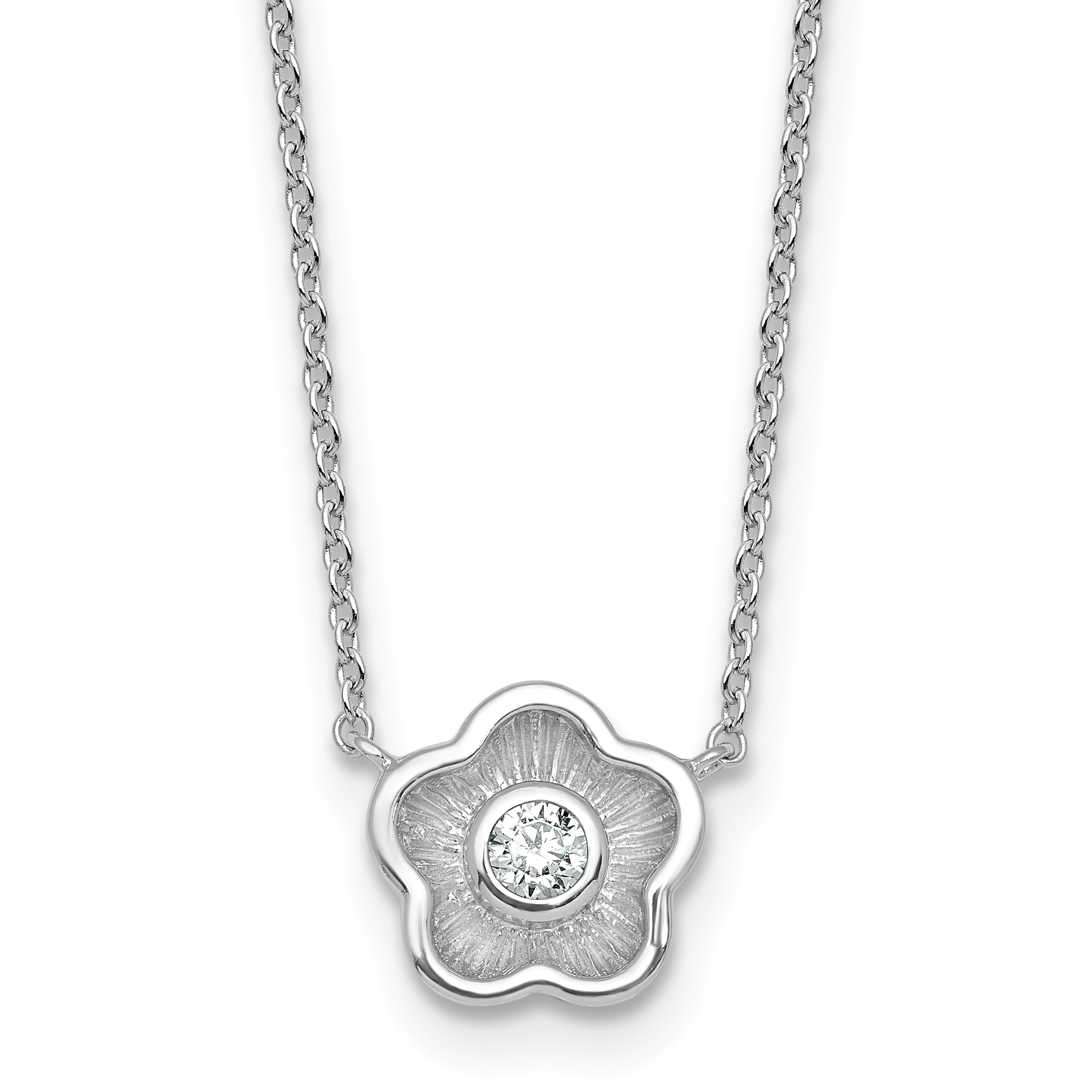 Sterling Silver Rhodium-plated Polished Textured CZ Flower 18 Inch Necklace