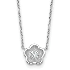 Sterling Silver Rhodium-plated Polished Textured CZ Flower 18 Inch Necklace