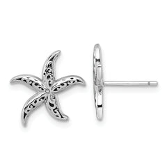 Sterling Silver Rhodium-plated Polished and Oxidized Filigree Starfish Post Earrings