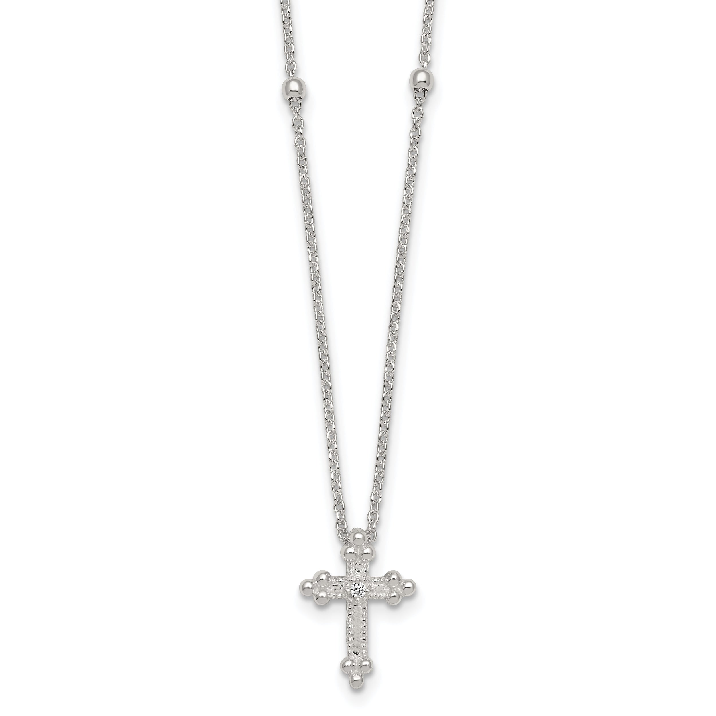 Sterling Silver Polished and Beaded White CZ Budded Cross 16.5 inch with 1 inch Extension Necklace