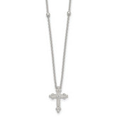 Sterling Silver Polished and Beaded White CZ Budded Cross 16.5 inch with 1 inch Extension Necklace