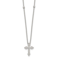 Sterling Silver Polished and Beaded White CZ Budded Cross 16.5 inch with 1 inch Extension Necklace
