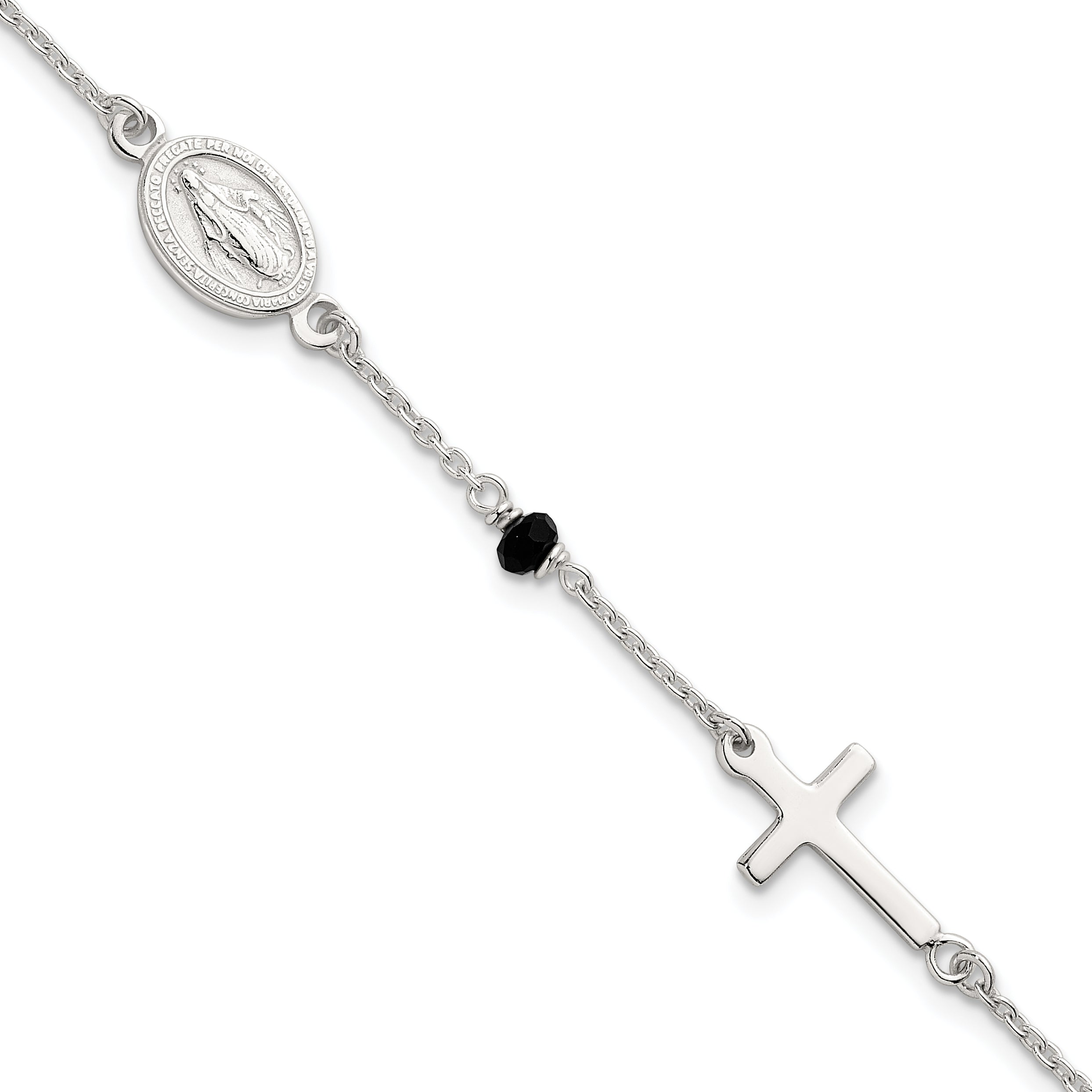 Sterling Silver Polished Spanish Miraculous Medal and Crosses with Black Glass Beads 7.5 inch Bracelet