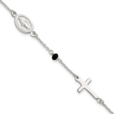Sterling Silver Polished Spanish Miraculous Medal and Crosses with Black Glass Beads 7.5 inch Bracelet