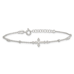 Sterling Silver Polished and Beaded White CZ Budded Cross 7 inch with 1 inch Extension Bracelet