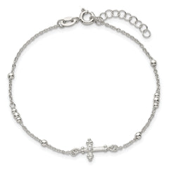 Sterling Silver Polished and Beaded White CZ Budded Cross 7 inch with 1 inch Extension Bracelet