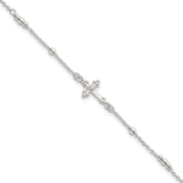Sterling Silver Polished and Beaded White CZ Budded Cross 7 inch with 1 inch Extension Bracelet