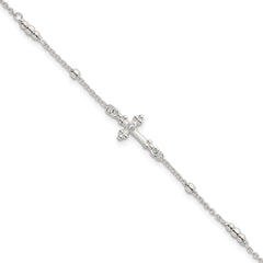 Sterling Silver Polished and Beaded White CZ Budded Cross 7 inch with 1 inch Extension Bracelet
