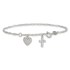 Sterling Silver Polished White CZ Heart and Cross Charms 7 inch with 1 inch Extension Bracelet