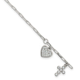 Sterling Silver Polished White CZ Heart and Cross Charms 7 inch with 1 inch Extension Bracelet
