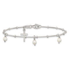 Sterling Silver Polished and Beaded with Glass Pearls and Cross Charm 7.5 inch Bracelet