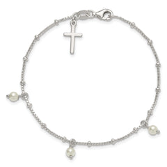 Sterling Silver Polished and Beaded with Glass Pearls and Cross Charm 7.5 inch Bracelet