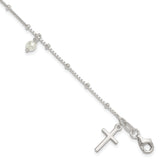 Sterling Silver Polished and Beaded with Glass Pearls and Cross Charm 7.5 inch Bracelet