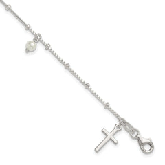 Sterling Silver Polished and Beaded with Glass Pearls and Cross Charm 7.5 inch Bracelet