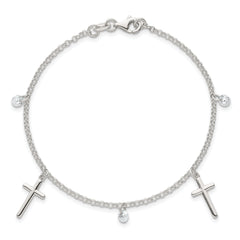Sterling Silver Polished White CZ Dangles and Cross Charm 7.5 inch Bracelet