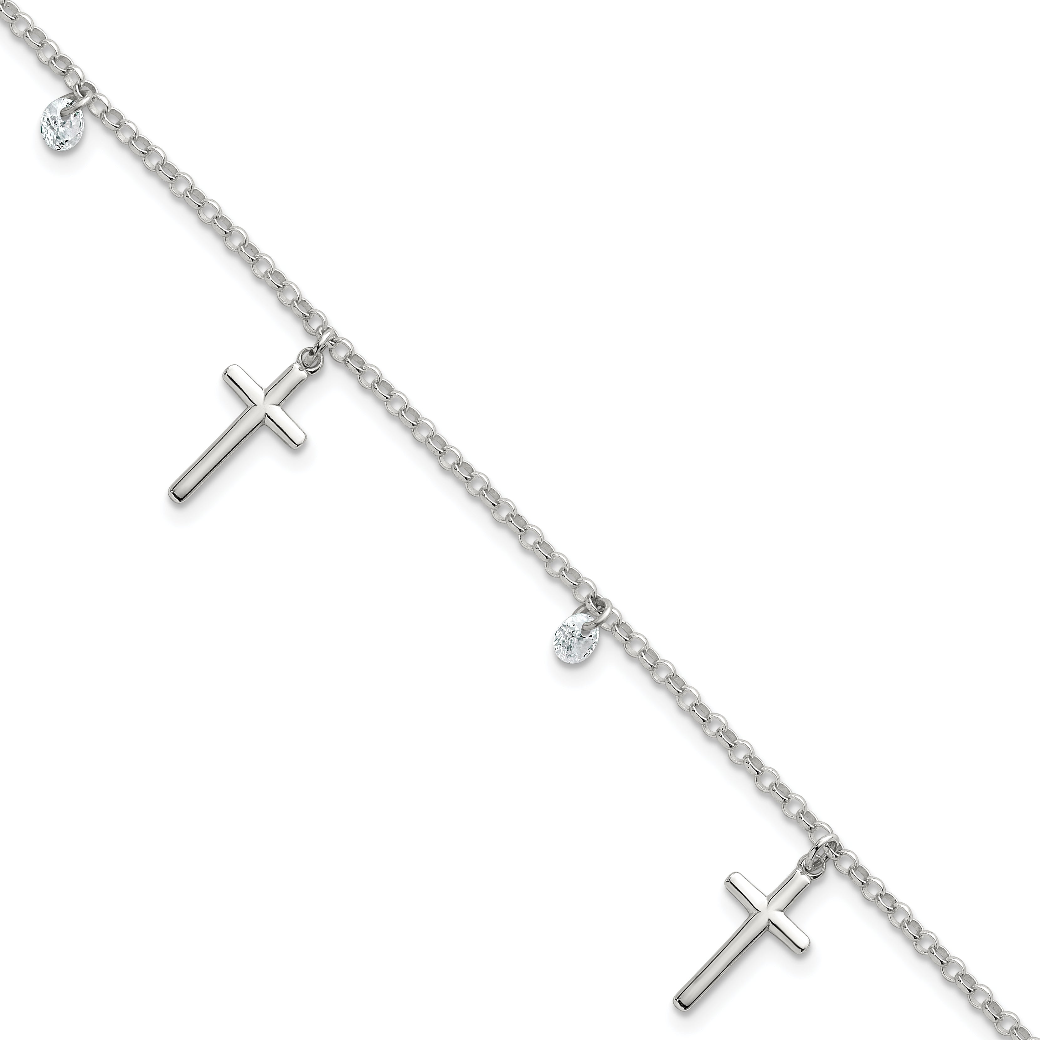 Sterling Silver Polished White CZ Dangles and Cross Charm 7.5 inch Bracelet