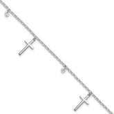 Sterling Silver Polished White CZ Dangles and Cross Charm 7.5 inch Bracelet