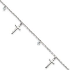 Sterling Silver Polished White CZ Dangles and Cross Charm 7.5 inch Bracelet